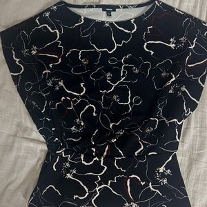 Express Navy Floral Cap-Sleeve Tunic with White and Burgundy Accents